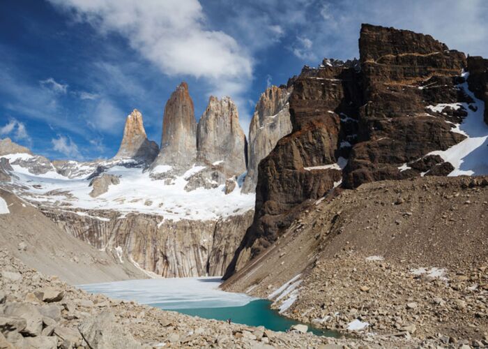 Die Torres-Spitzen im Paine Nationalpark sind das Wahrzeichen Patagoniens