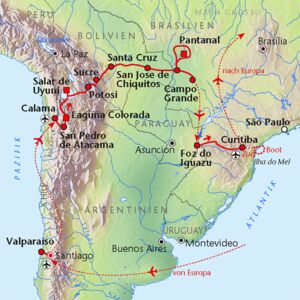 Reiseverlauf zwischen Pazifik und Atlantik durch das Hochland von Bolivien und das Pantanal