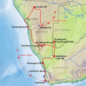 Landkarte von Namibia und Südafrika Rundreise