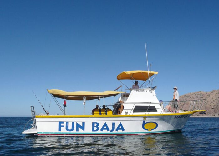 Bedachtes Boot für die Gruppe während der Expedition im Golf von Kalifornien